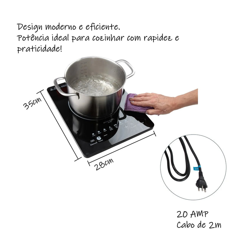 Cooktop de Indução Preto Bivolt, Portátil e Compacto, com Controle de Temperatura
