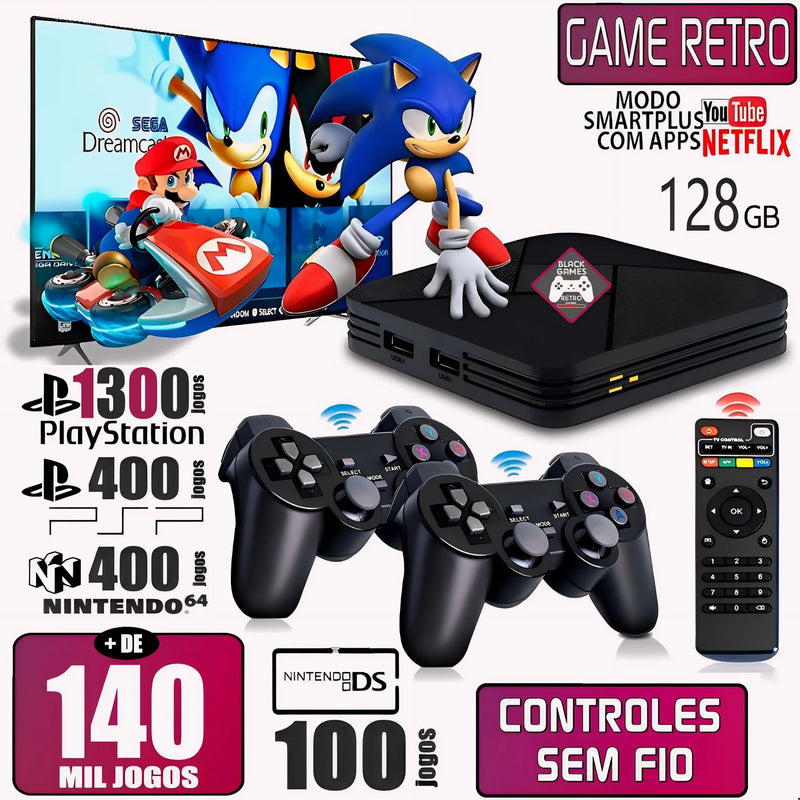 Vídeo Game Retro 2024 130.000 Mil Jogos Clássicos 128gb Com 2 Controles Sem Fio