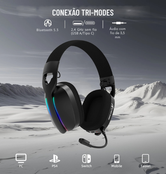 Headset Gamer ATTACK SHARK L90 Flexível, Destacável com Cancelamento de Ruído, RGB