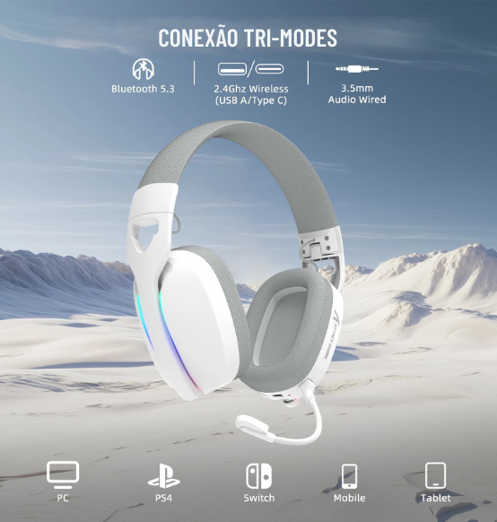 Headset Gamer ATTACK SHARK L90 Flexível, Destacável com Cancelamento de Ruído, RGB
