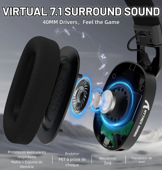Headset Gamer ATTACK SHARK L90 Flexível, Destacável com Cancelamento de Ruído, RGB