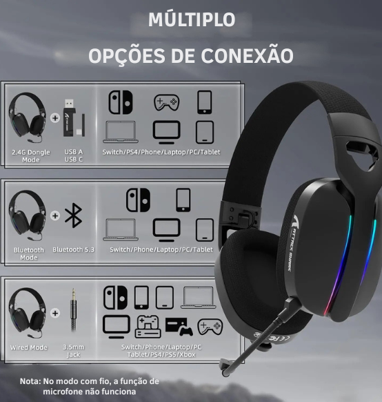 Headset Gamer ATTACK SHARK L90 Flexível, Destacável com Cancelamento de Ruído, RGB