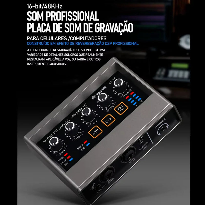 TEYUN Q-16 Interface de áudio Placa de som Conversor de 16 bits/48 KHz