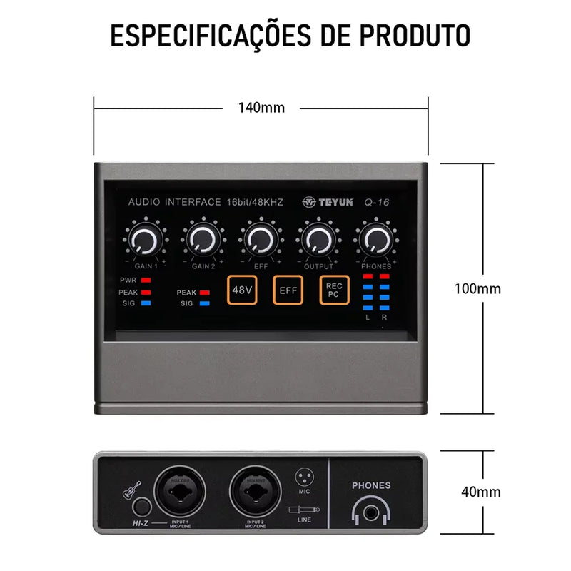 TEYUN Q-16 Interface de áudio Placa de som Conversor de 16 bits/48 KHz