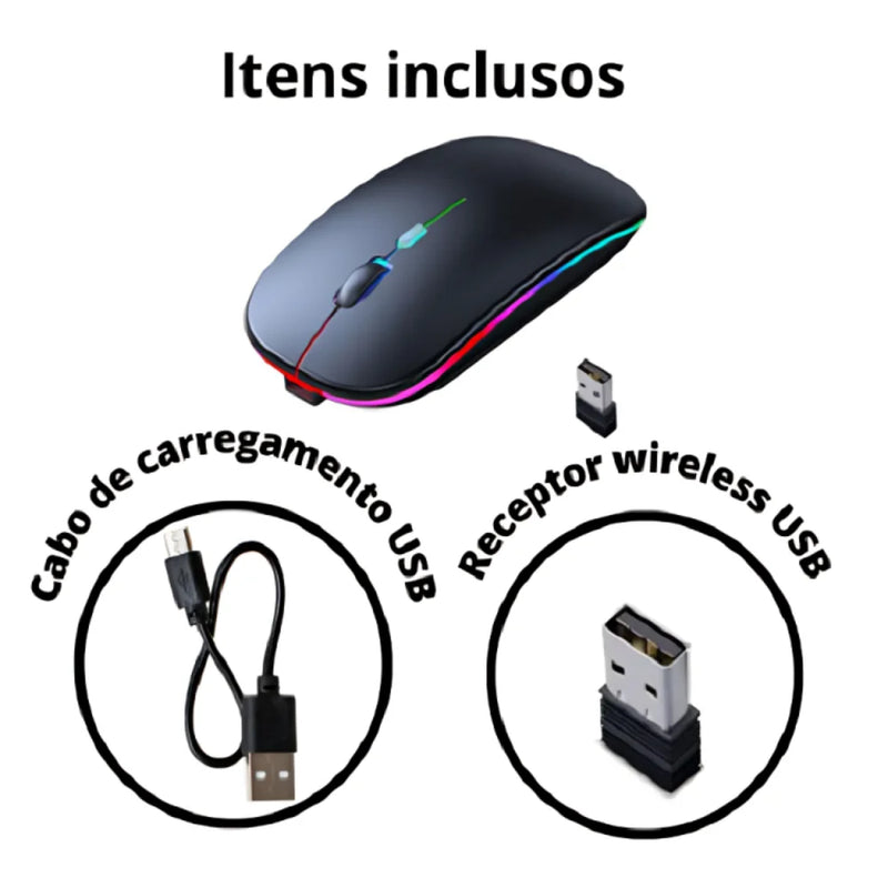 Mouse Sem Fio Wireless Recarregavel 2,4 Ghz com Led RGB