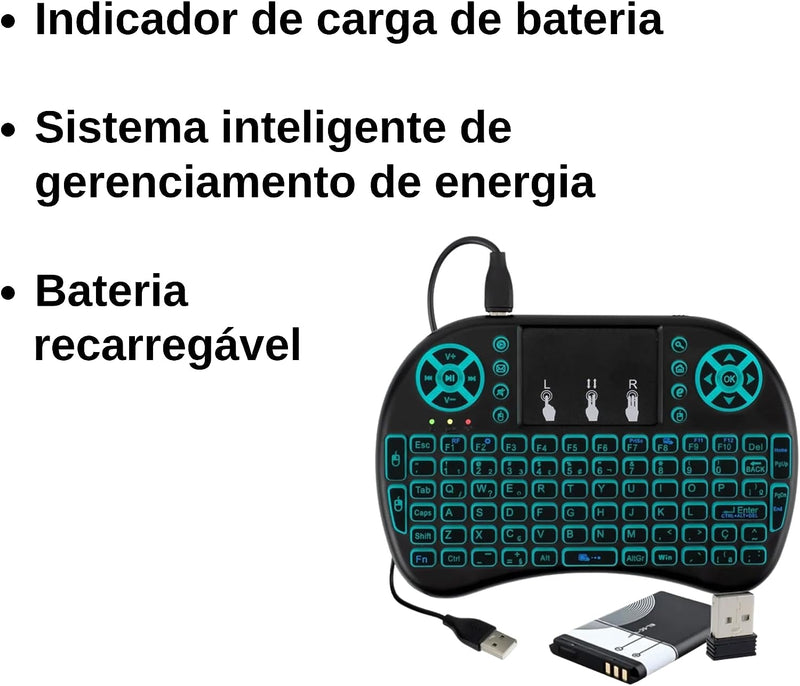 Mini Teclado Controle S/ Fio Touch Led Pc/note/gamer/tvsmart